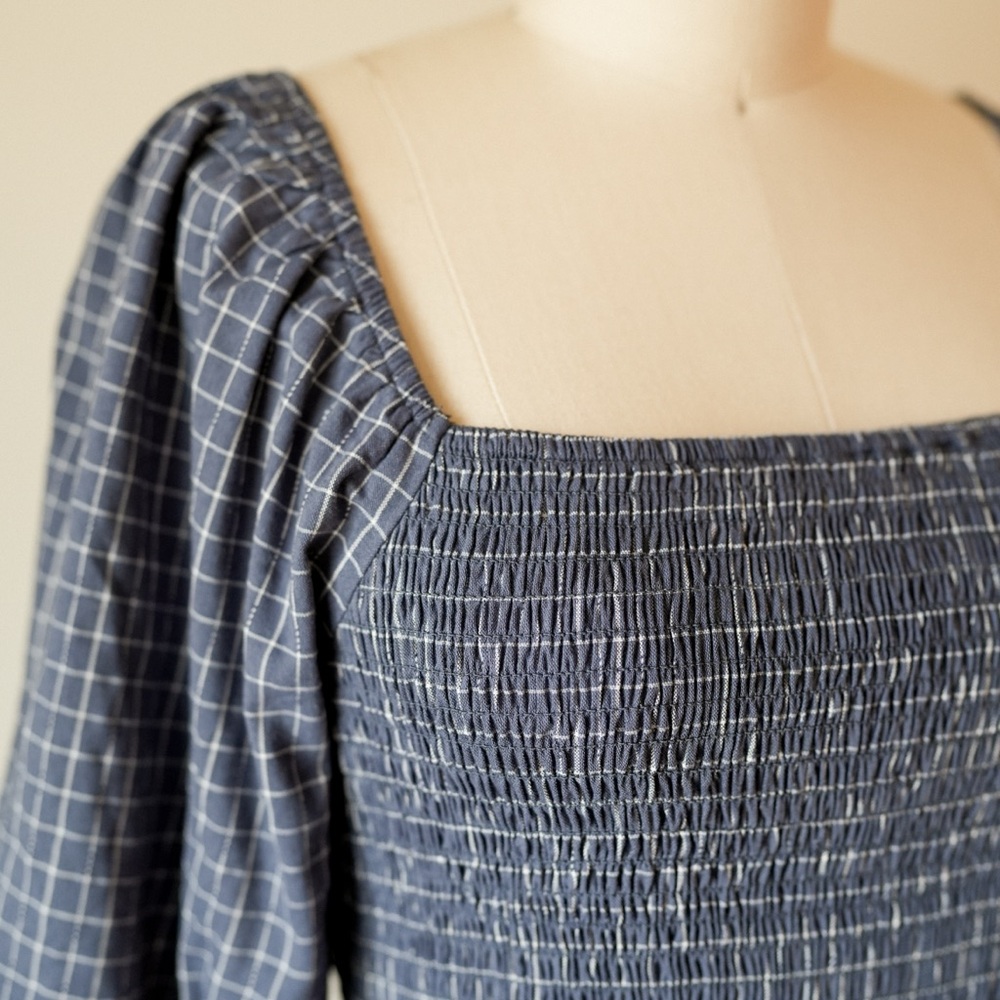 Neuflora Cotton Linen Smocked Maxi Dress | Blue Grid | Medium